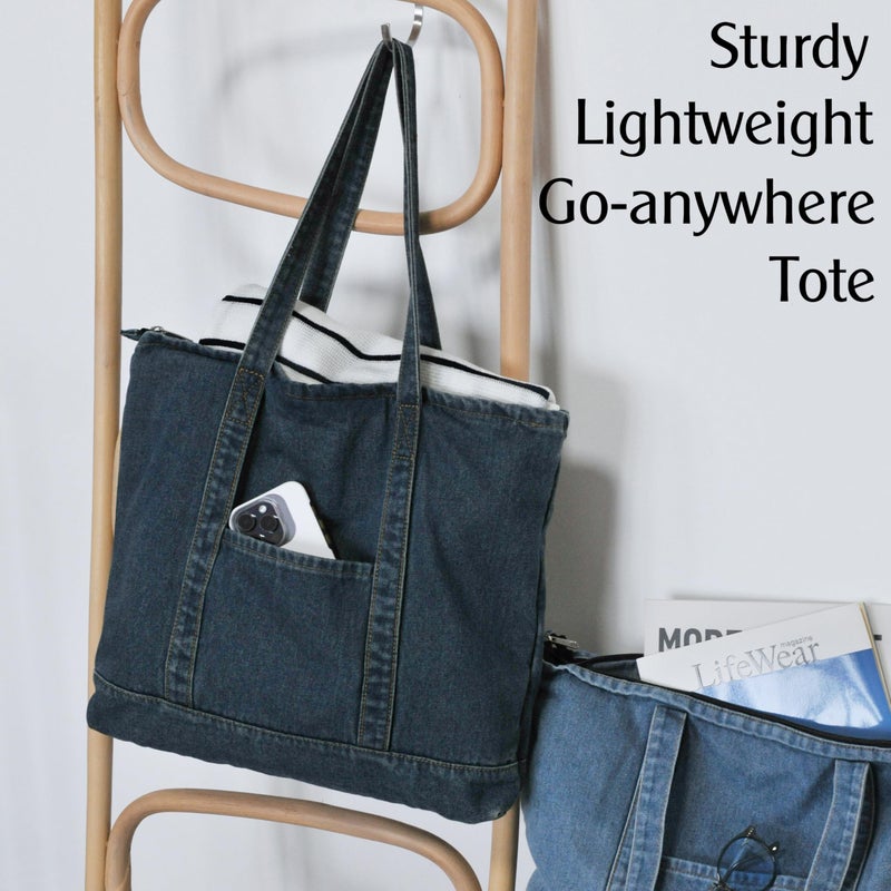 HOXIS Light Weight Soft Denim Tote Unisex Shopper Shoulder Handbag (Navy) - Image 5